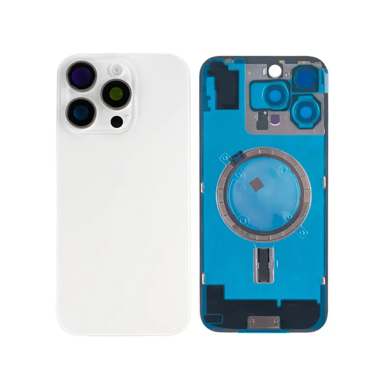 Vitre Arrière iPhone 16 Pro Max Blanc - Cadre Caméra + Plaque Métallique et Aimant NFC